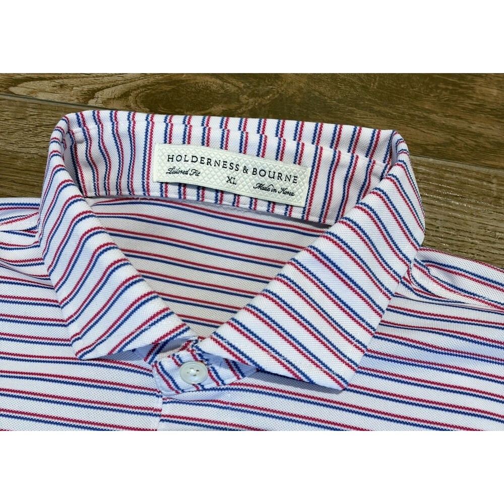 Holderness & Bourne Polo Shirt Mens XL Tailored Fit Blue Red Stripe Stretch LOGO